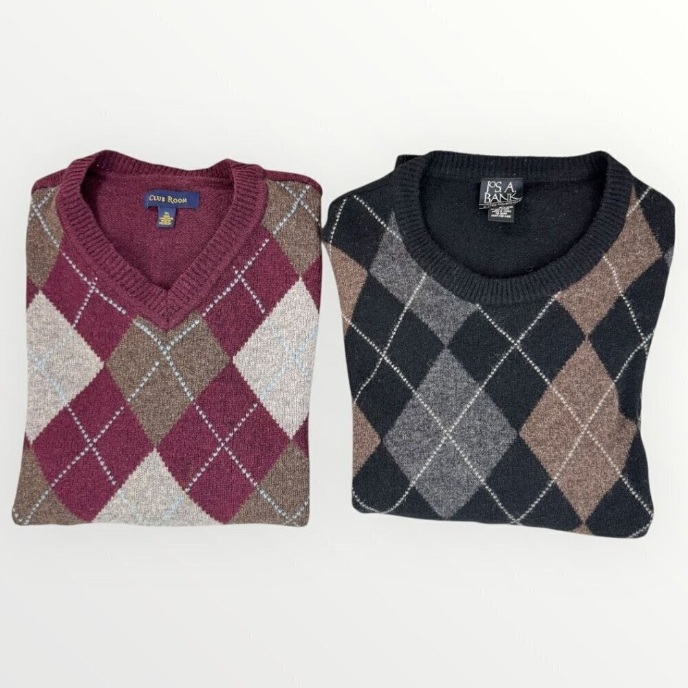 JoS A Bank & Club Room Mens XL Lambswool Sweaters Argyle Pattern Pullover Bundle